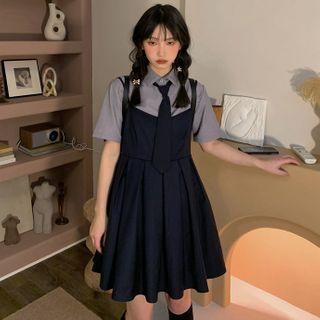 Short-sleeve Tie Neck Shirt / Mini A-line Skirt / Jumper Dress