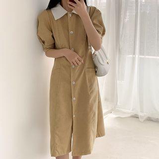 Elbow-sleeve Button Dress Yellow - One Size