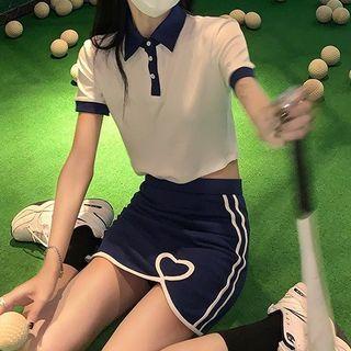 Short-sleeve Polo Shirt / Stripe-side A-line Skirt