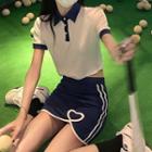 Short-sleeve Polo Shirt / Stripe-side A-line Skirt