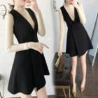 Mock-neck Long-sleeve Knit Top / V-neck Pinafore Dress / Set