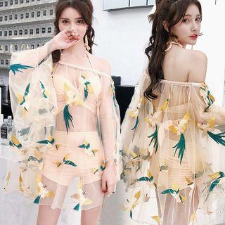 Set: Plain Bikini + Bird Embroidered Cover-up