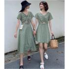 Short-sleeve Plaid A-line Dress / Midi Dress