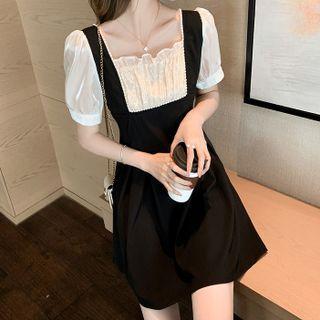 Short-sleeve Square-neck Beaded Mini A-line Dress