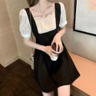 Short-sleeve Square-neck Beaded Mini A-line Dress