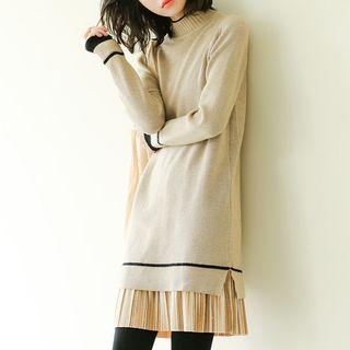 Mock Two-piece Long-sleeve Pleated Panel Knit Dress