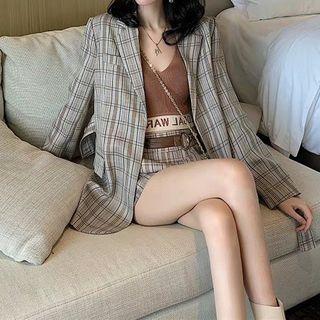 Set: Plaid Blazer + Wide-leg Shorts + Knit Crop Tank Top