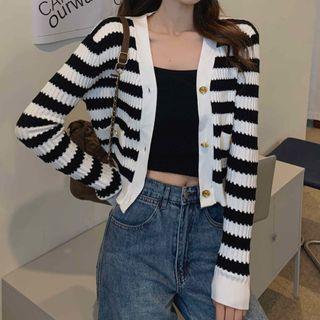 Striped V-neck Cardigan Stripes - Black & White - One Size