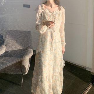 Long-sleeve Tie Neck Floral Dress / Floral Pinafore Dress