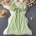 Puff-sleeve Square-neck Drawstring Plaid A-line Dress