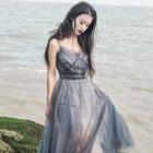 Spaghetti-strap Layered Midi Mesh Cocktail Dress