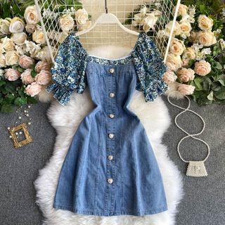 Floral Puff-sleeve Panel Denim Skirt