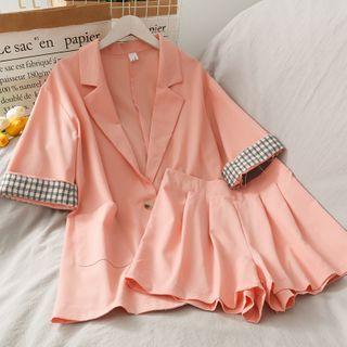 Set: Checker-cuff Loose Light Blazer + Wide Shorts