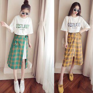 Set: Short-sleeve Lettering T-shirt + Plaid Midi Skirt