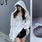 Long-sleeve Placket Knit Hoodie White - One Size