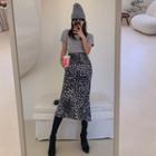 Shirred Leopard Long Velvet Skirt