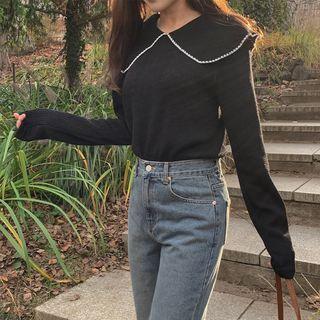 Puritan-collar Rib-knit Top