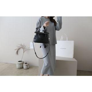 Set: Round-neck Wool Blend Knit Top + Band-waist Mini Skirt