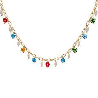 Flower Faux Pearl Alloy Necklace 1pc - Gold & Blue & White - One Size