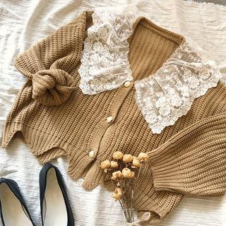 Lace-collar Scallop-hem Cardigan Beige - One Size