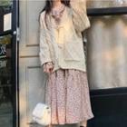 Long-sleeve Floral Print Midi A-line Dress / Toggle-front Cable Knit Cardigan
