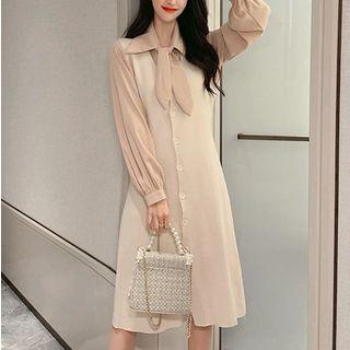 Set: Tie-neck Chiffon Blouse + Sleeveless Midi Dress