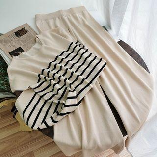 Set: Cap-sleeve Striped Knit Top + Wide-leg Pants