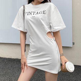 Short-sleeve Lettering Cutout Mini Dress