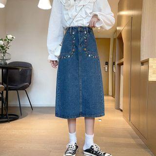 Flower Embroidered Denim Midi A-line Skirt