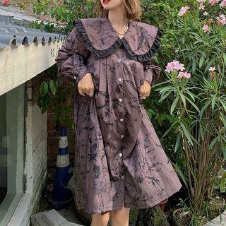 Puff-sleeve Floral Print A-line Dress Purplish Gray - One Size