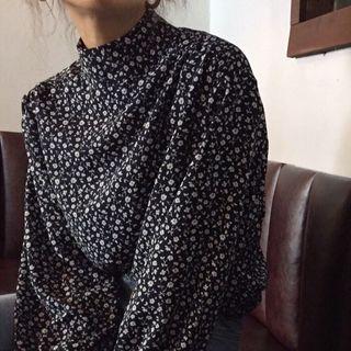 Long-sleeve Floral Print Blouse Navy Blue - One Size
