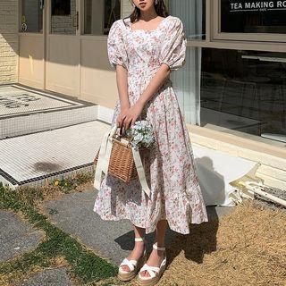 Short-sleeve Floral Midi Chiffon Dress As Shown In Figure - One Size