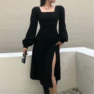 Square-neck Puff Long-sleeve Slit Maxi Dress