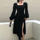 Square-neck Puff Long-sleeve Slit Maxi Dress