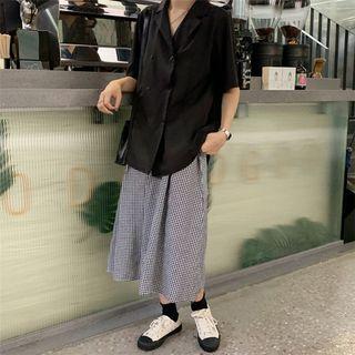 Elbow-sleeve Double Breasted Shirt / Gingham A-line Midi Skirt