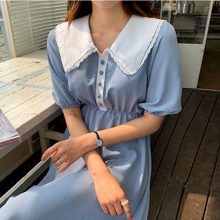 Elbow-sleeve Contrast Collar Midi A-line Dress