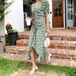 V-neck Drawstring Midi Floral Dress