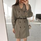 Long-sleeve Double Breast Plaid Dress  - One Size
