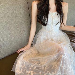 Spaghetti-strap Floral Mesh Panel A-line Dress