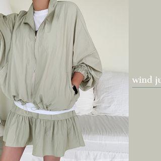 High-neck Oversized Windbreaker Khaki - One Size