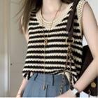 Striped Pointelle Knit Sweater Vest Black & Beige - One Size