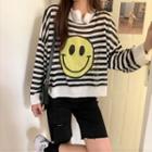 Smiley Face Print Striped Knit Top Stripes - Black & White - One Size