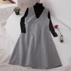 Set: Long-sleeve Knit Top + V-neck Midi A-line Pinafore Dress