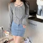 Long-sleeve Plain Cross Neck T-shirt