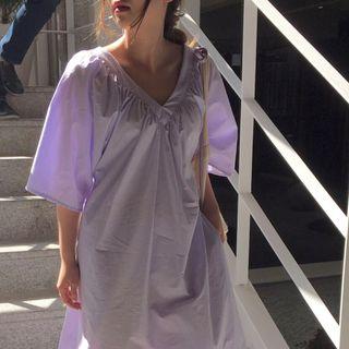 Short-sleeve V-neck A-line Midi Dress Purple - One Size