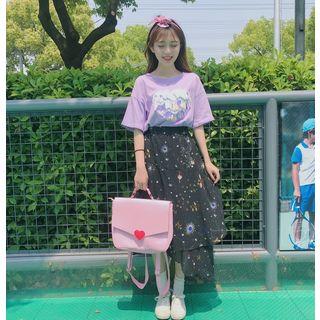 Crew-neck Elbow-sleeve T-shirt / Printed Asymmetric Hem Midi Skirt