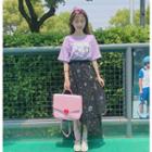 Crew-neck Elbow-sleeve T-shirt / Printed Asymmetric Hem Midi Skirt