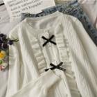 Ribbon-accent Ruffled Button-down Knit Top White - One Size