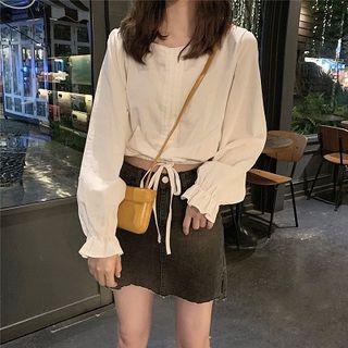 Plain Square-neck Drawcord Ruffled-trim Puff-sleeve Blouse