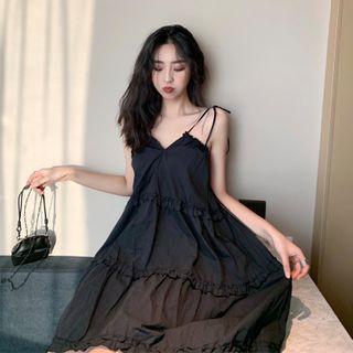 Spaghetti-strap Open-back Mini A-line Dress Black - One Size
